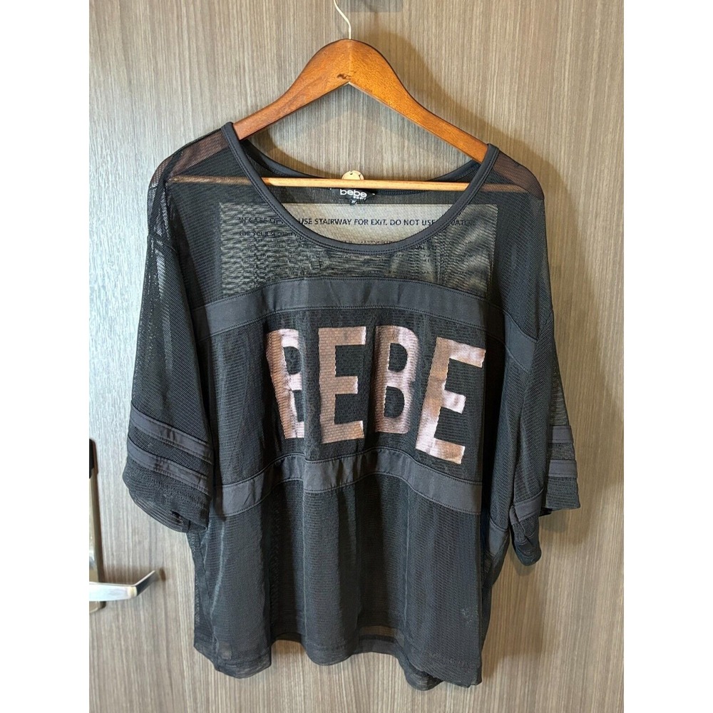 Bebe Sport Mesh Top Women's 3X Black Stretch Logo Round Neck 3/4 Sleeve Pullover